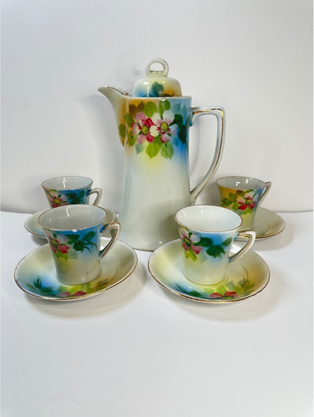 10 Piece Vintage Hand Painted Porcelain Chocolate Set Four Cups & Saucers Japan
